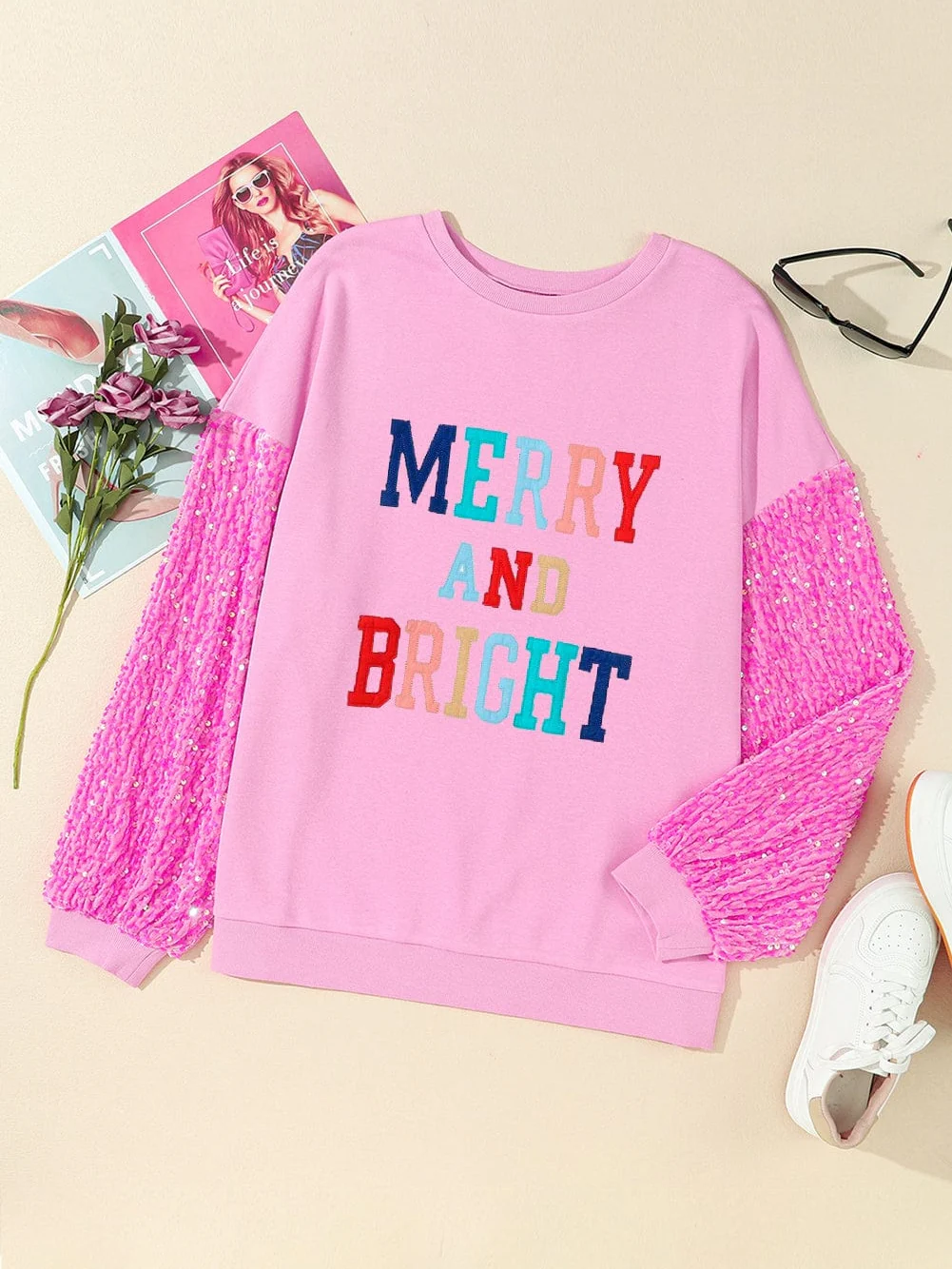 MERRY AND BRIGHT Pink Sequin Sleeve Sweater