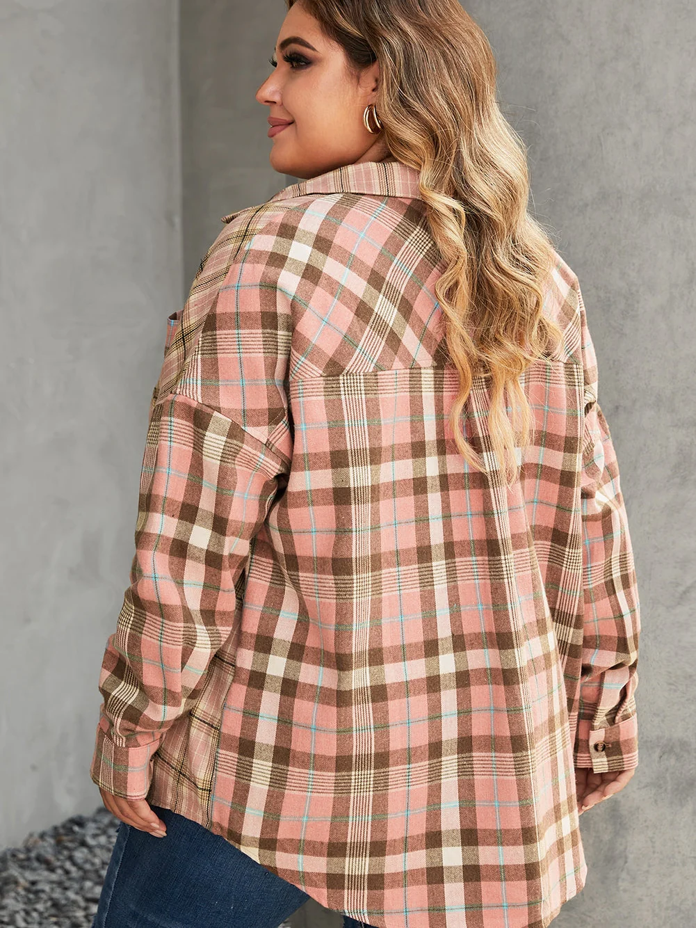 Pink Plaid Pocketed Plus Size Shirt With Long Sleeves