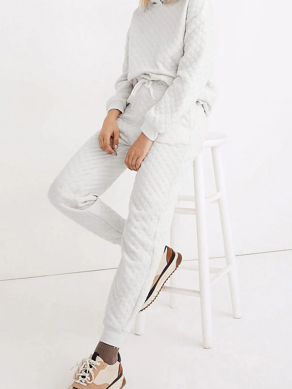 Cozy White Quilted Lounge Set with Hoodie and Joggers