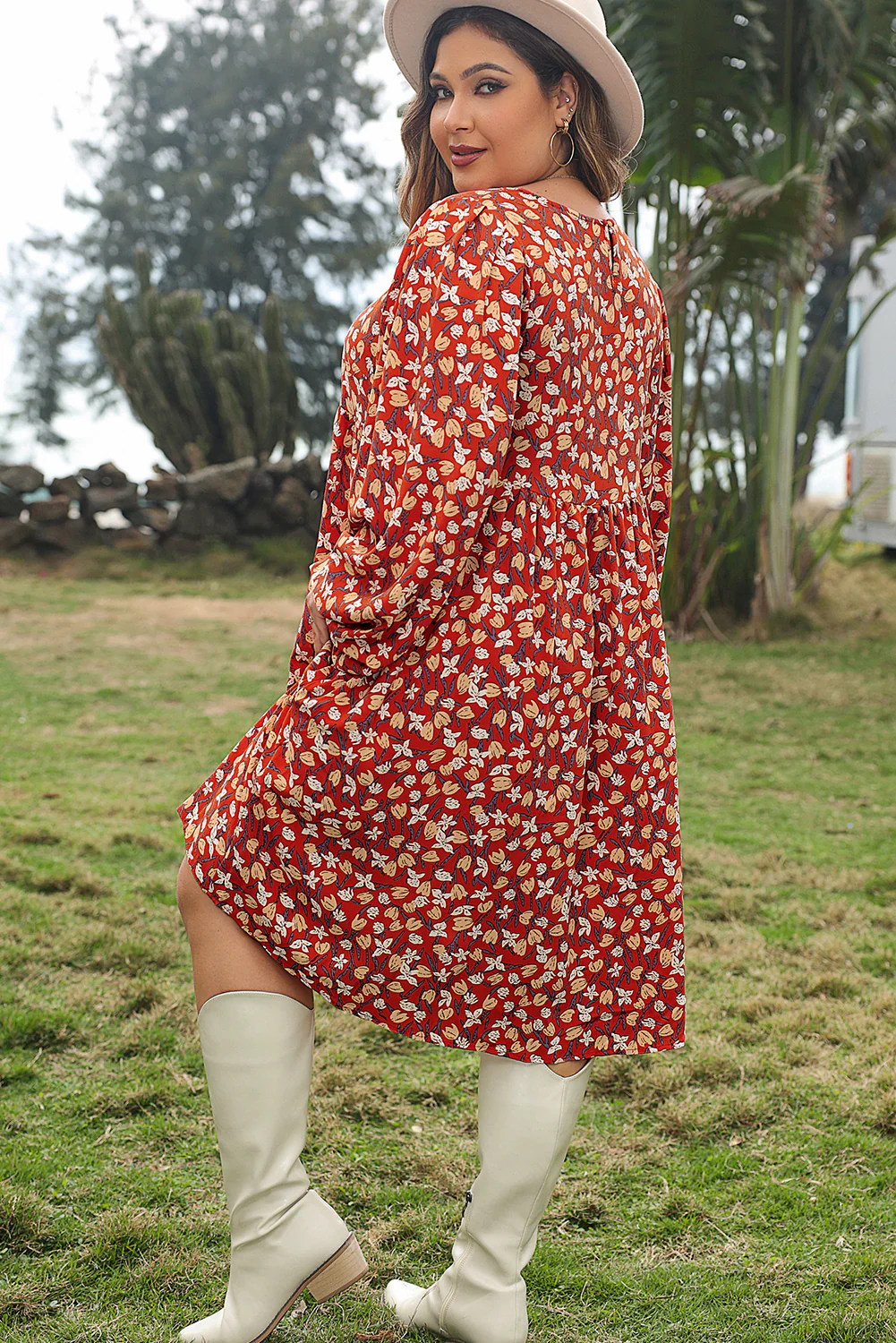 Elegant Gold Floral Square Neck Bubble Sleeve Plus Size Midi Dress