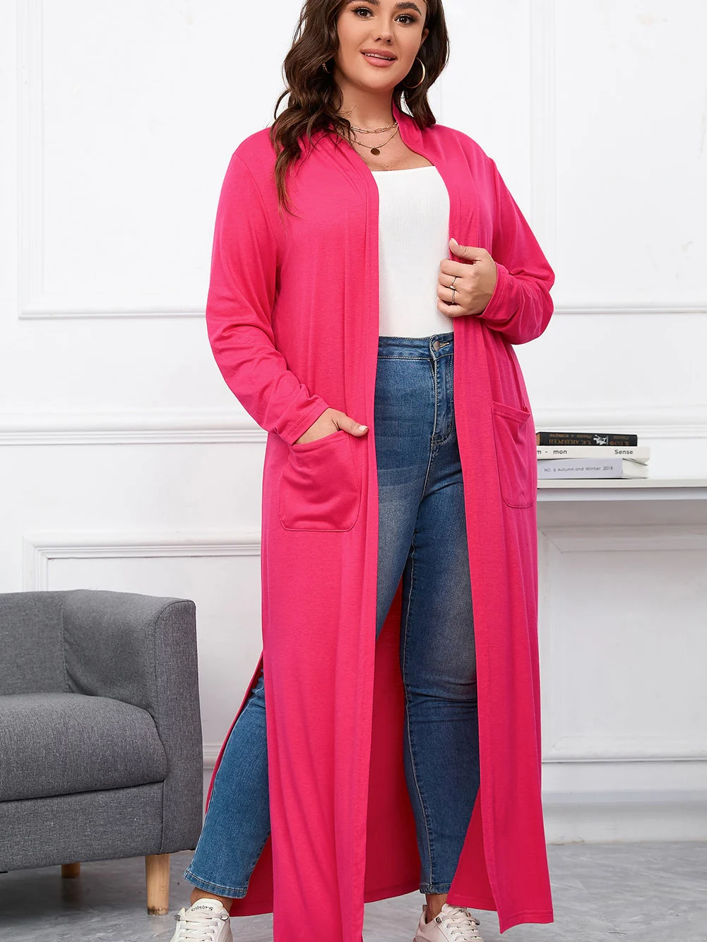 Strawberry Pink Plus Size Side Split Pockets Duster Cardigan
