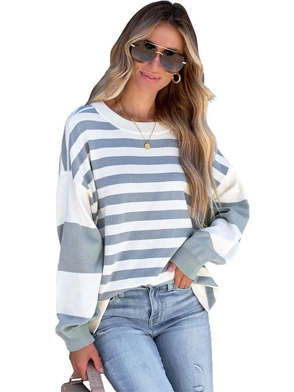 Women'S Striped Sweater With Puff Sleeves And Round Neck