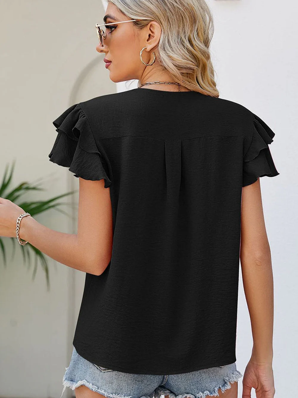 V-Neck Flutter Sleeve Black Textured Plus Size Blouse