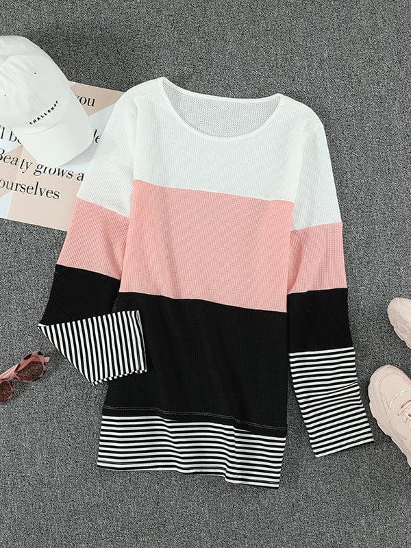Women'S Striped Waffle Long-Sleeve Pullover Top With Round Neck