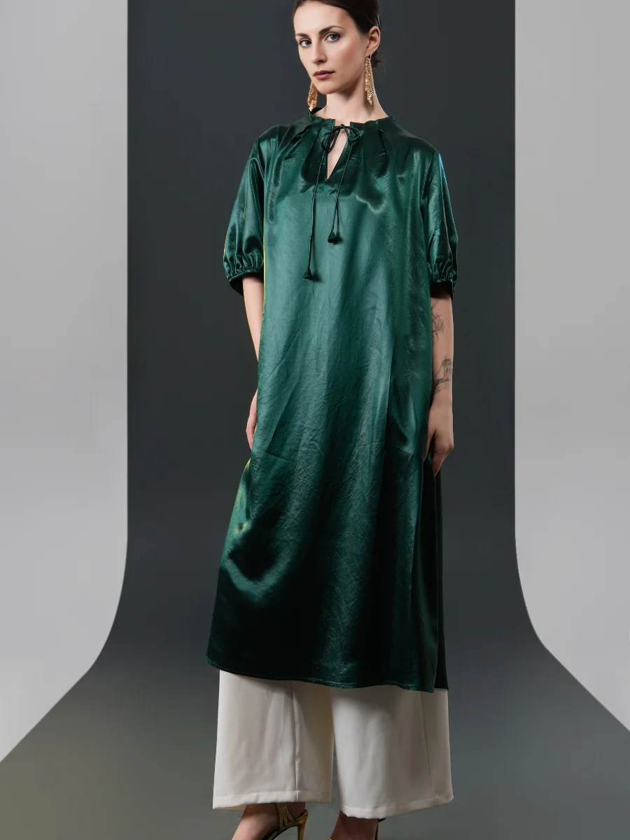 Emerald Green Satin Tunic with White Wide-Leg Pants