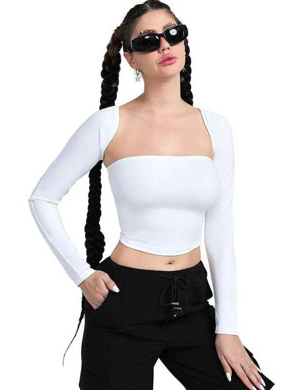 Sporty Style Two-Piece Set Of Solid Color Tube Tops With Long Sleeves For Women