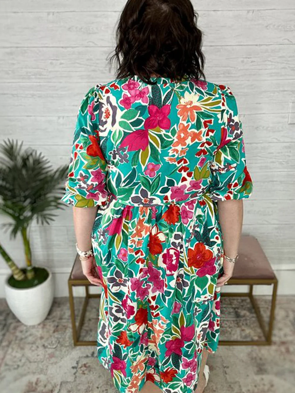 Sky Blue Plus Size Flower Pattern Puff Sleeve Bow Tie Babydoll Dress