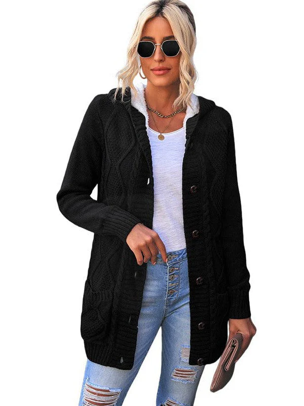 Women'S Stylish Hooded Acrylic Cardigan Jacket With Braided Detail