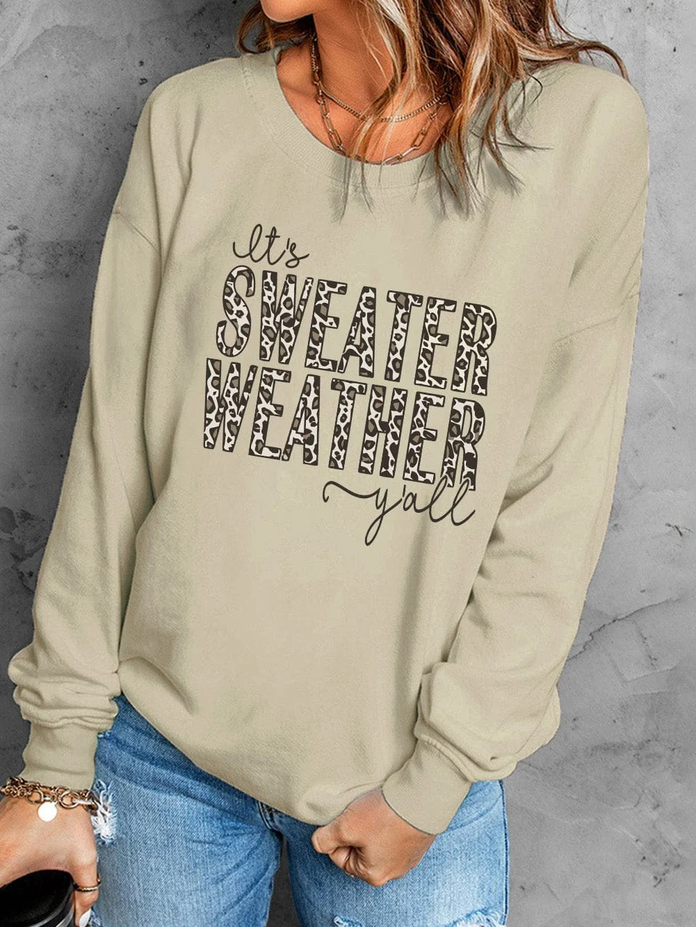 Cozy Khaki Leopard Print Graphic Pullover Sweatshirt