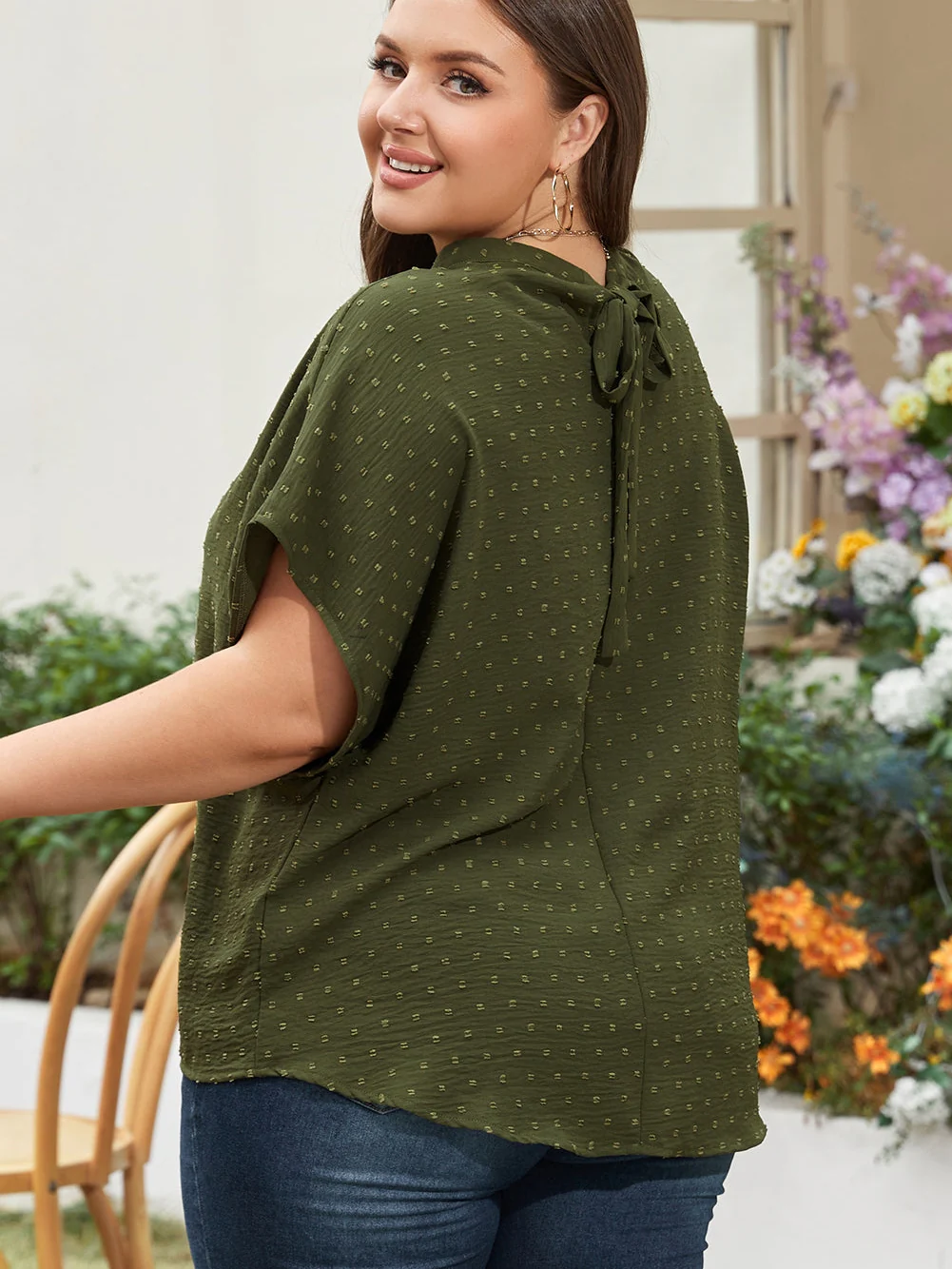 Moss Green Plus Size Swiss Dot Mock Neck Tied Nape Top