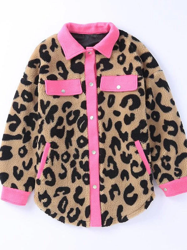 Leopard Print Polar Fleece Cardigan Jacket For Women