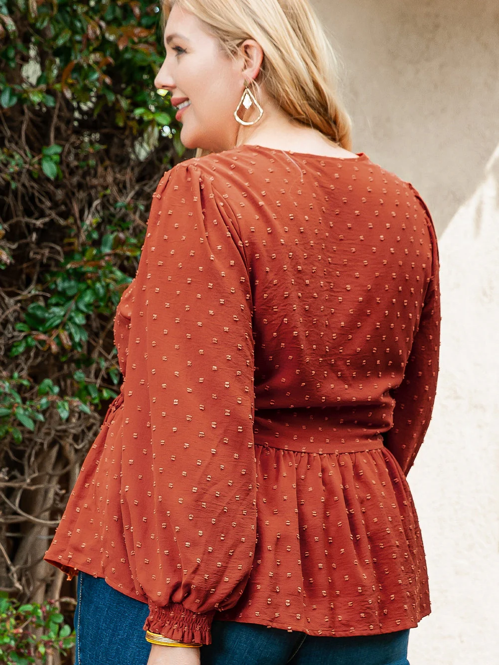 Golden Sparks Plus Size Swiss Dot V Neck Wrap Tie Side Blouse