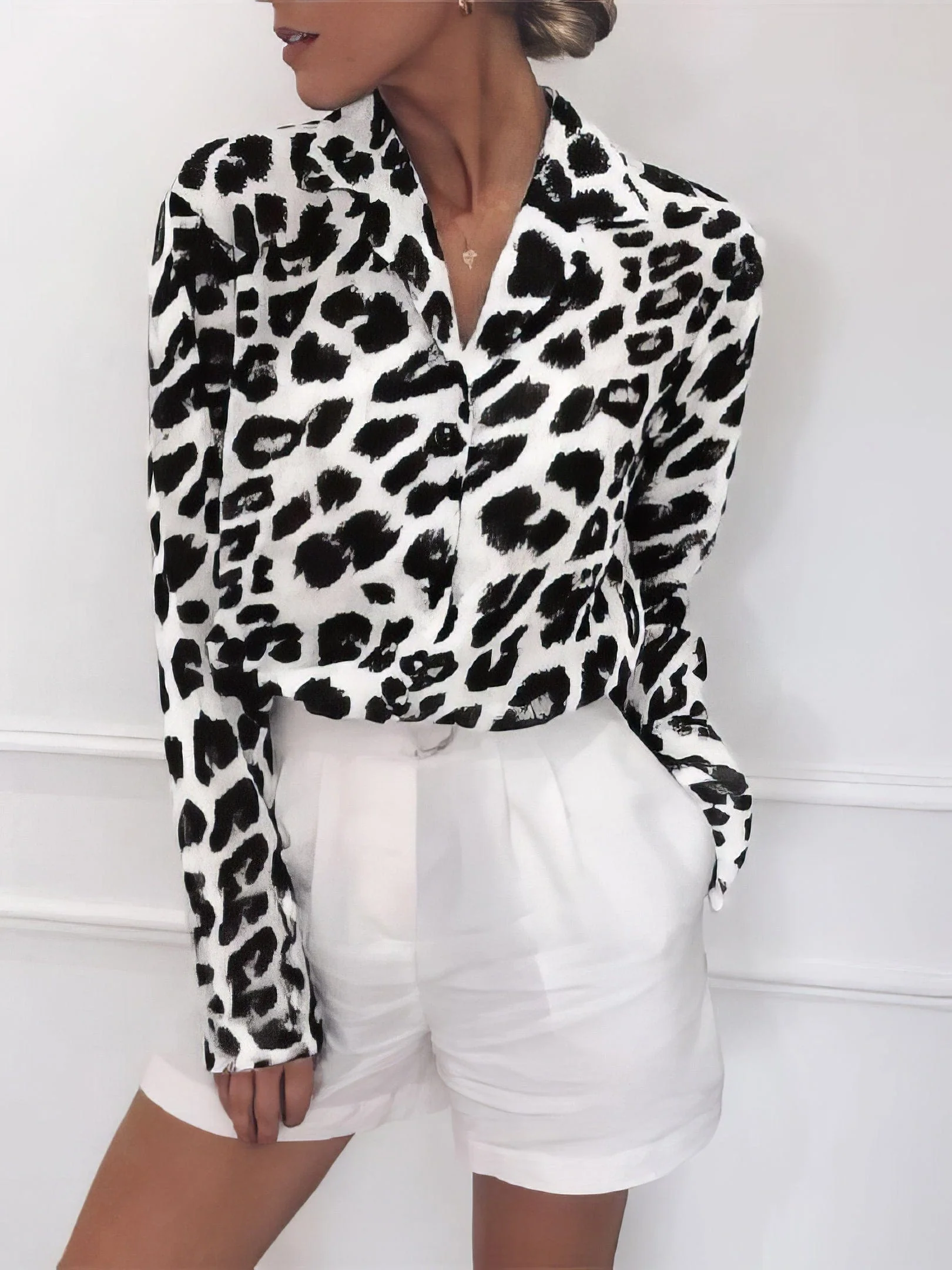 Leopard Print Lapel Button Long Sleeve Blouse