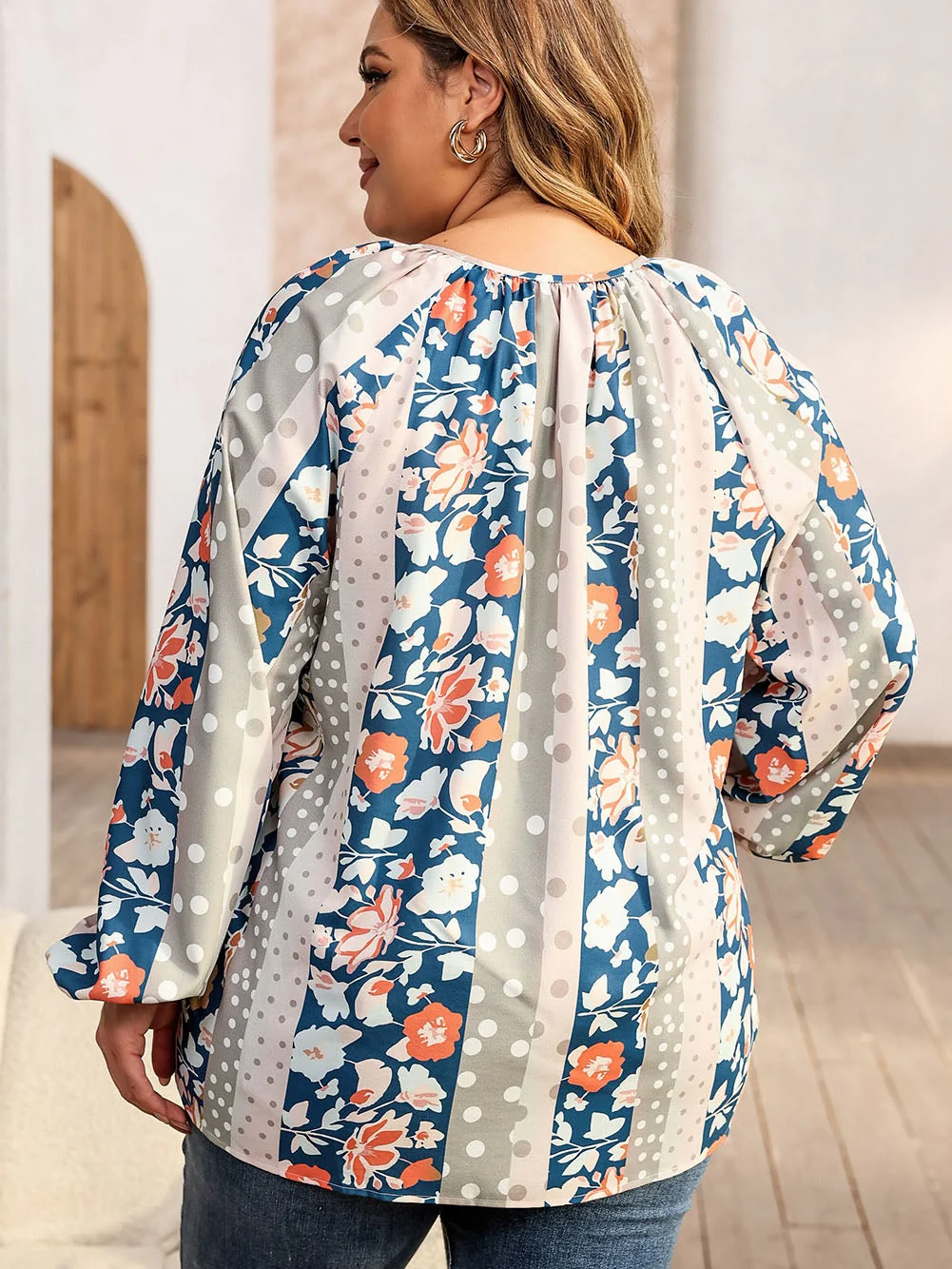 Multicolor Plus Size Mixed Print Split Neck Blouse