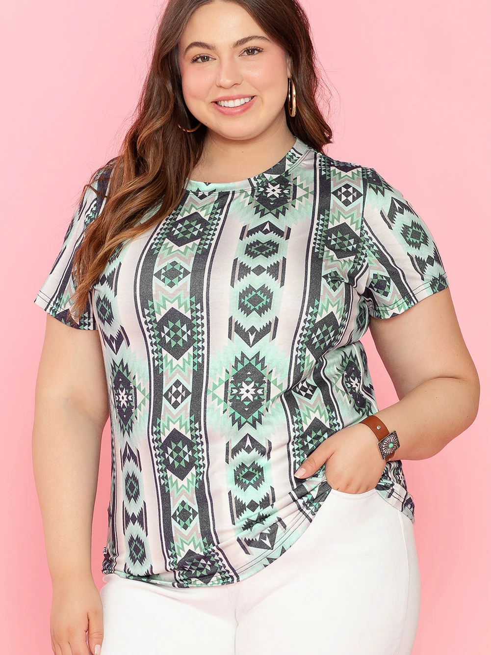Green Geometric Retro Print Plus Size Tee