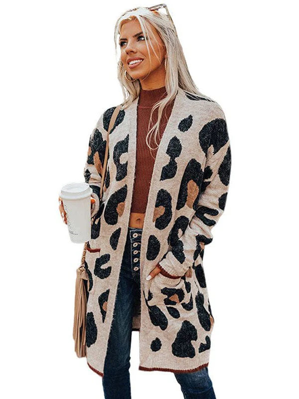Leopard Print Shawl Cardigan For Women With Long Sleeves