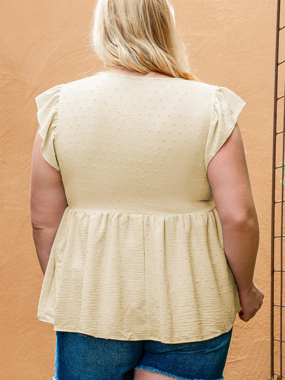 Golden Fleece Plus Size Swiss Dot Lace Trim Split Neck Babydoll Top