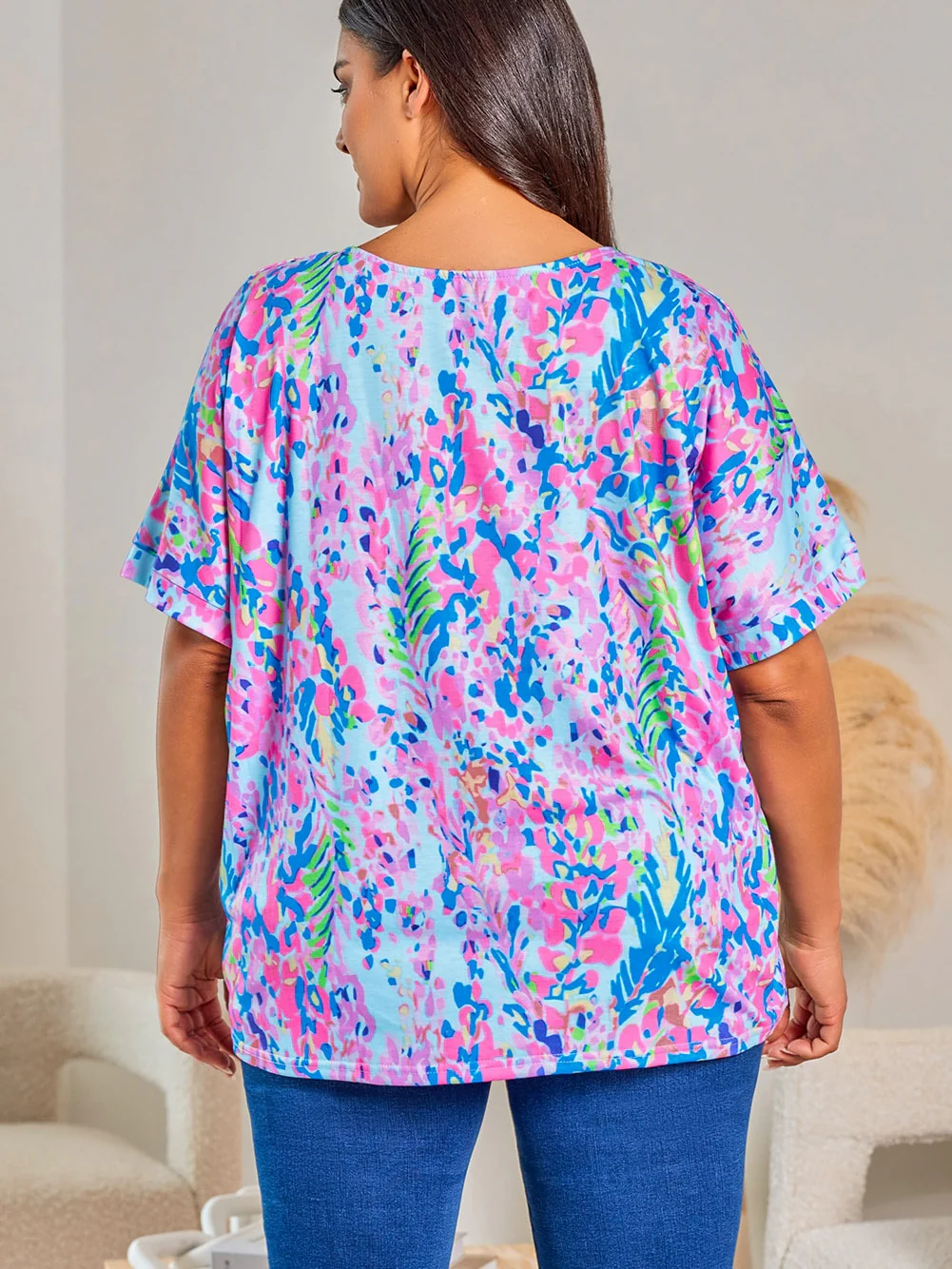 Sky Blue Floral Print Ruffle Sleeve Plus Size V Neck Top