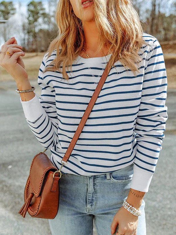 Striped Knit Long Sleeve Round Neck Pullover Top For Women
