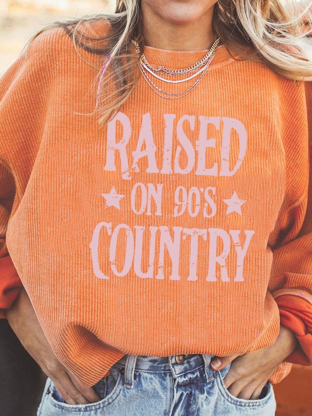 Vibrant Orange Ribbed Long Sleeve Graphic Oversized Sweater