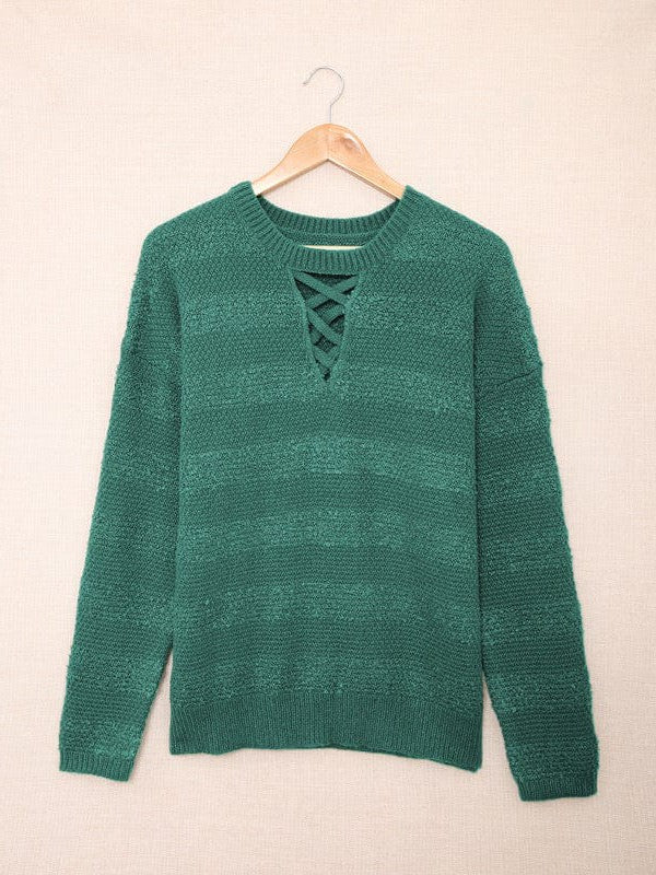 Cross Hollow Woolen Sweater With Long Sleeve For Women In Green