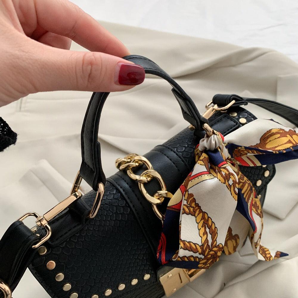 Ladies messenger bag w-thick gold chain detail & bag scarf