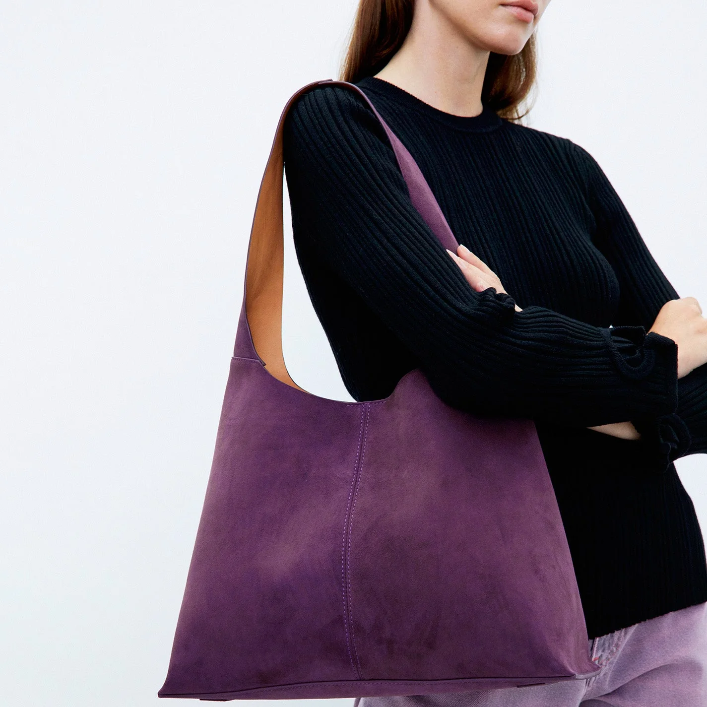 Joni Large Shoulder Bag in Bonded Suede - Viola Cognac