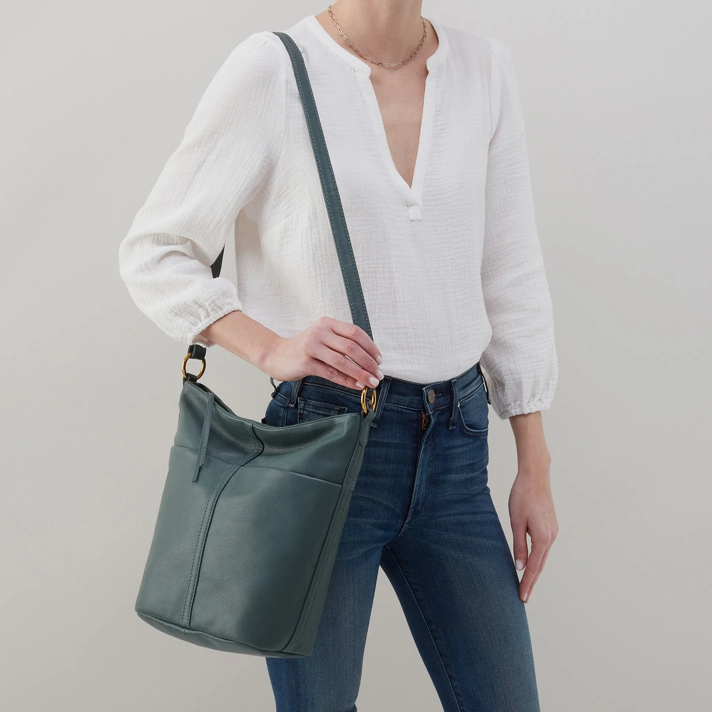 Fern Bucket Crossbody in Pebbled Leather - Sage Leaf