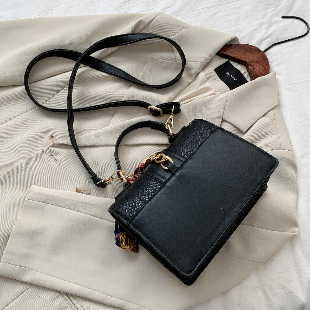 Ladies messenger bag w-thick gold chain detail & bag scarf