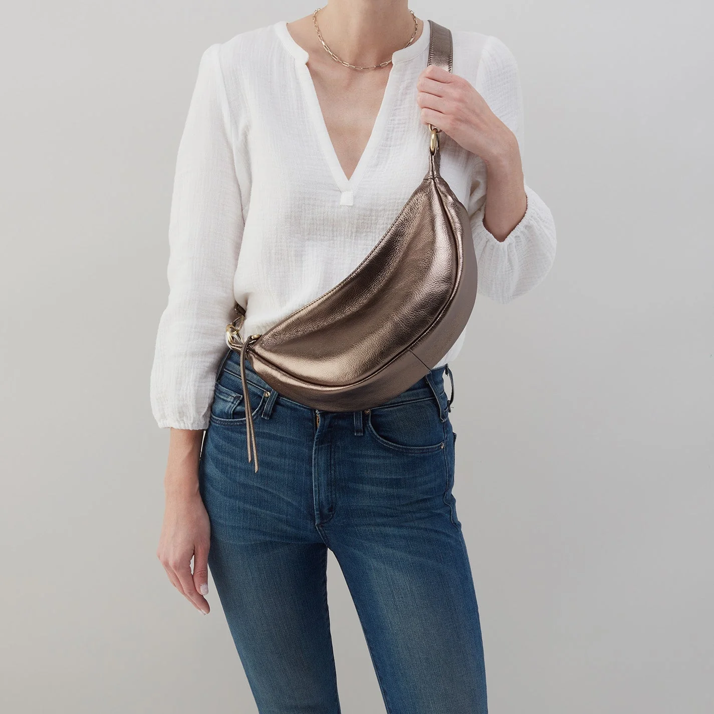 Knox Sling in Pebbled Metallic Leather - Pewter Gold Leaf