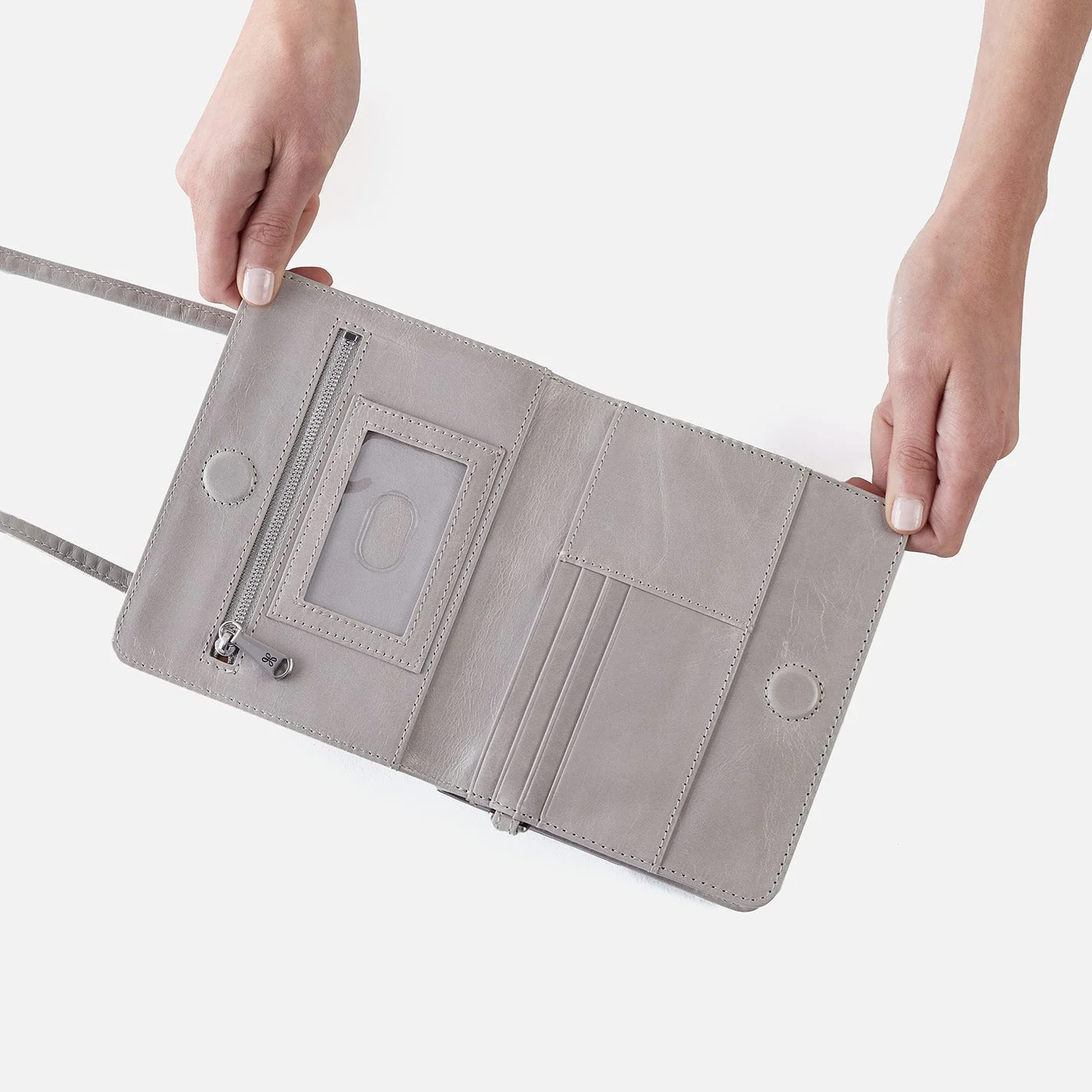 Jill Wallet Crossbody in Polished Leather - Light Grey Black