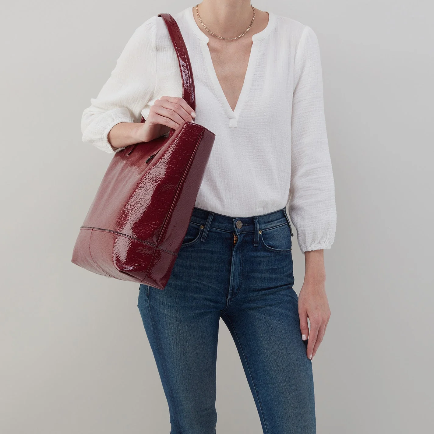 Hobo Shopper Tote in Pebbled Patent - Burgundy
