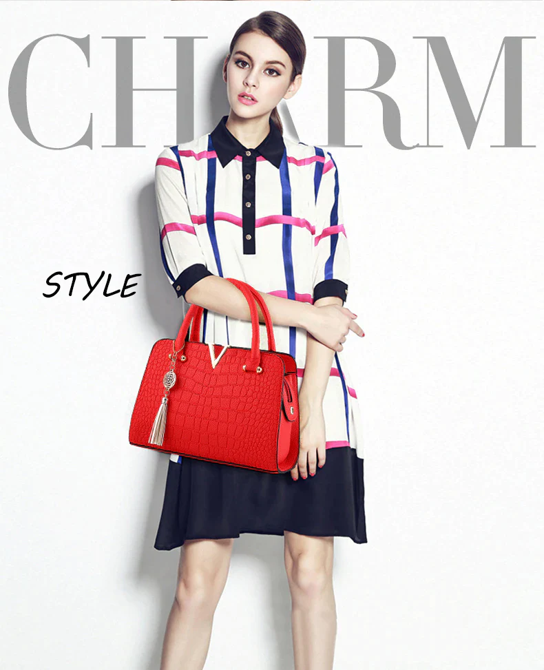 Ladies stylish tote bag with tassel v-detail