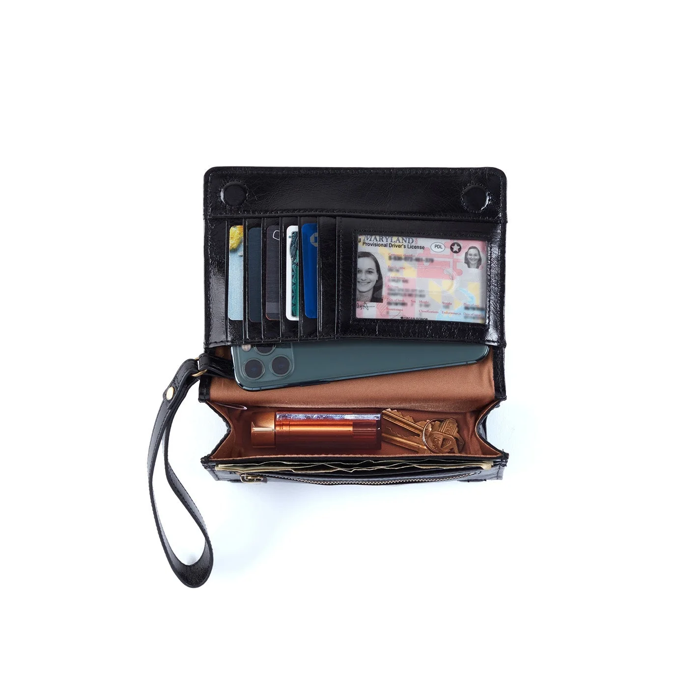 Jill Wristlet in Polished Leather - Sage Leaf Black