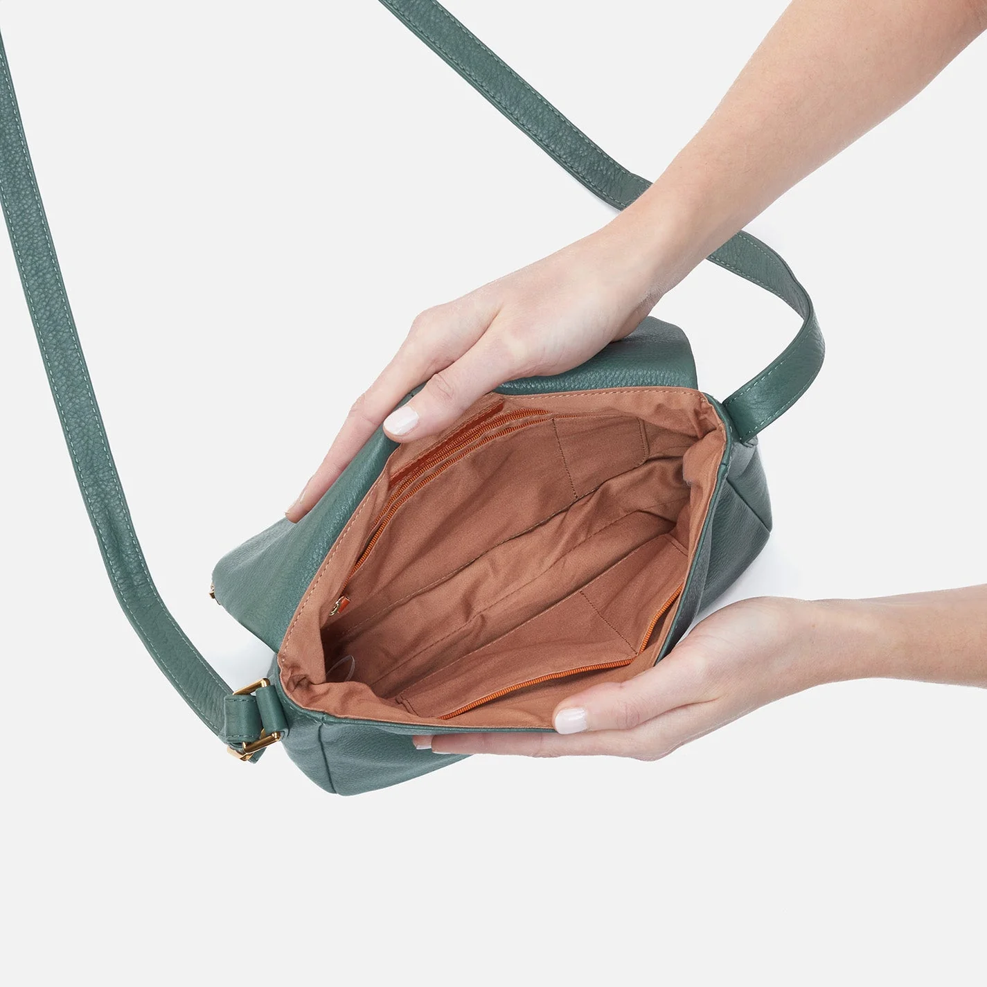 Fern Messenger Crossbody in Pebbled Leather - Sage Leaf Gold Leaf