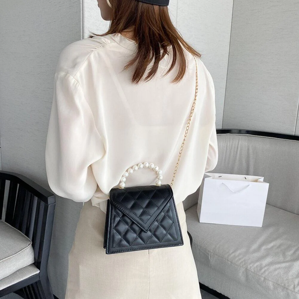 Ladies mini bag with pearl handle lattice pattern