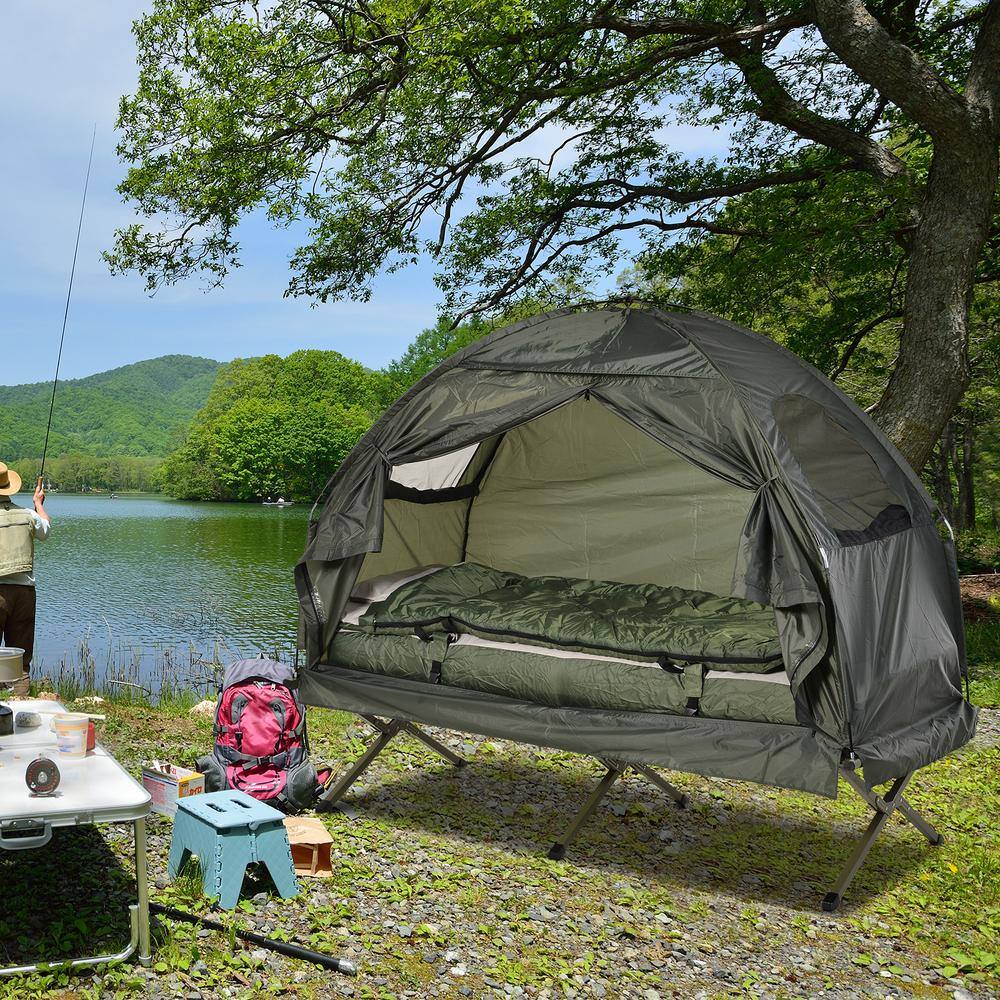 Outsunny B2-0006 Portable Camping Cot Tent with Comfortable Air Mattress. Warm and Cozy Sleeping Bag. and a Supportive Pillow