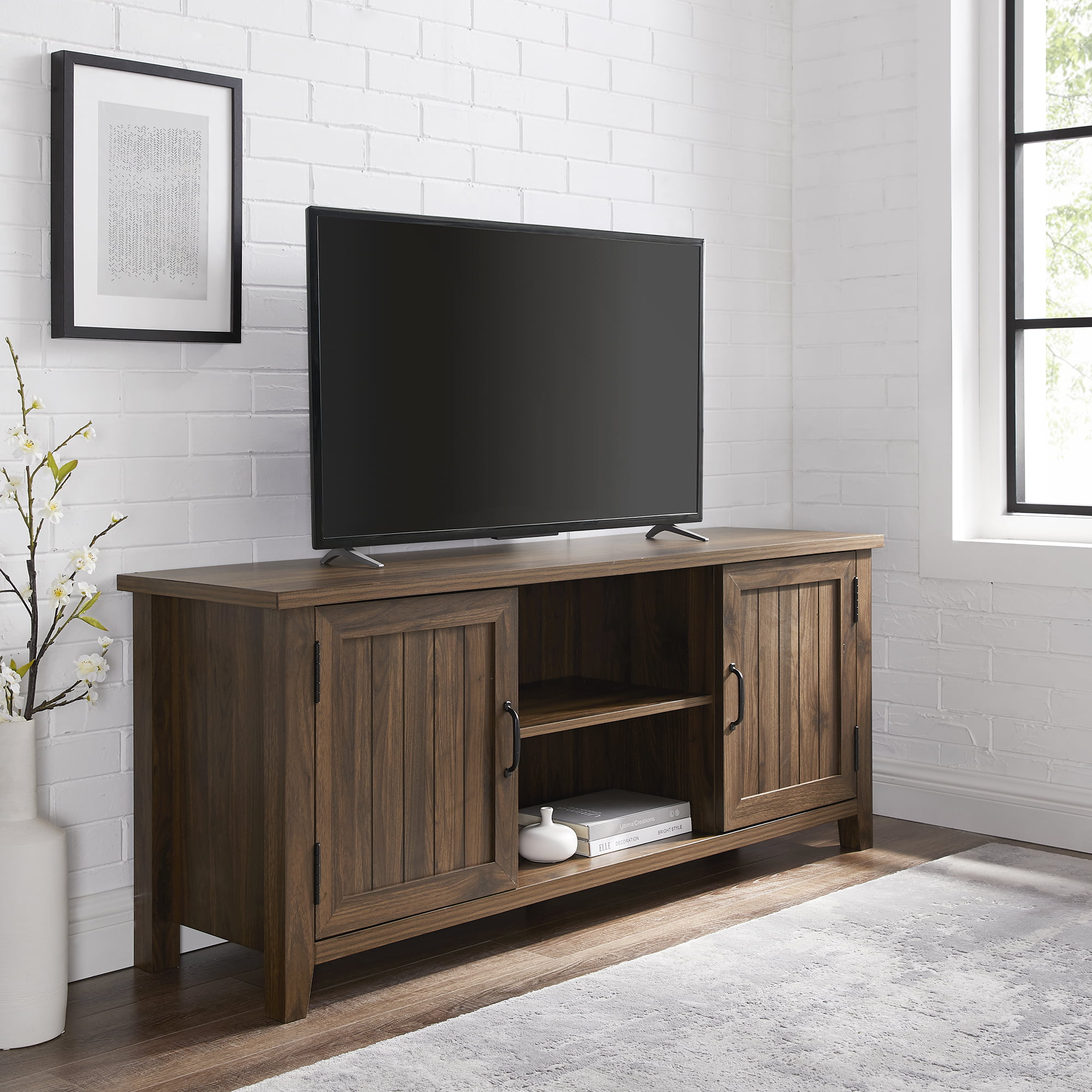 Woven Paths Franklin Grooved 2-Door TV Stand for TVs up to 65″. Dark Walnut
