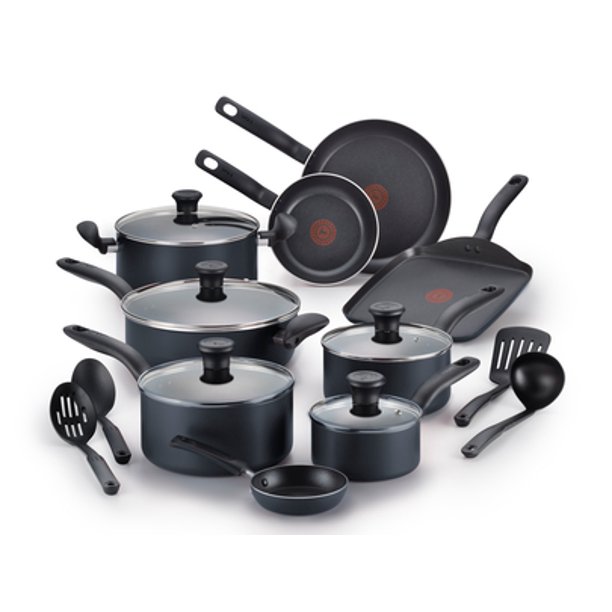 T-Fal Initiatives 18 Piece Non-stick Dishwasher Safe Cookware Set. Gray