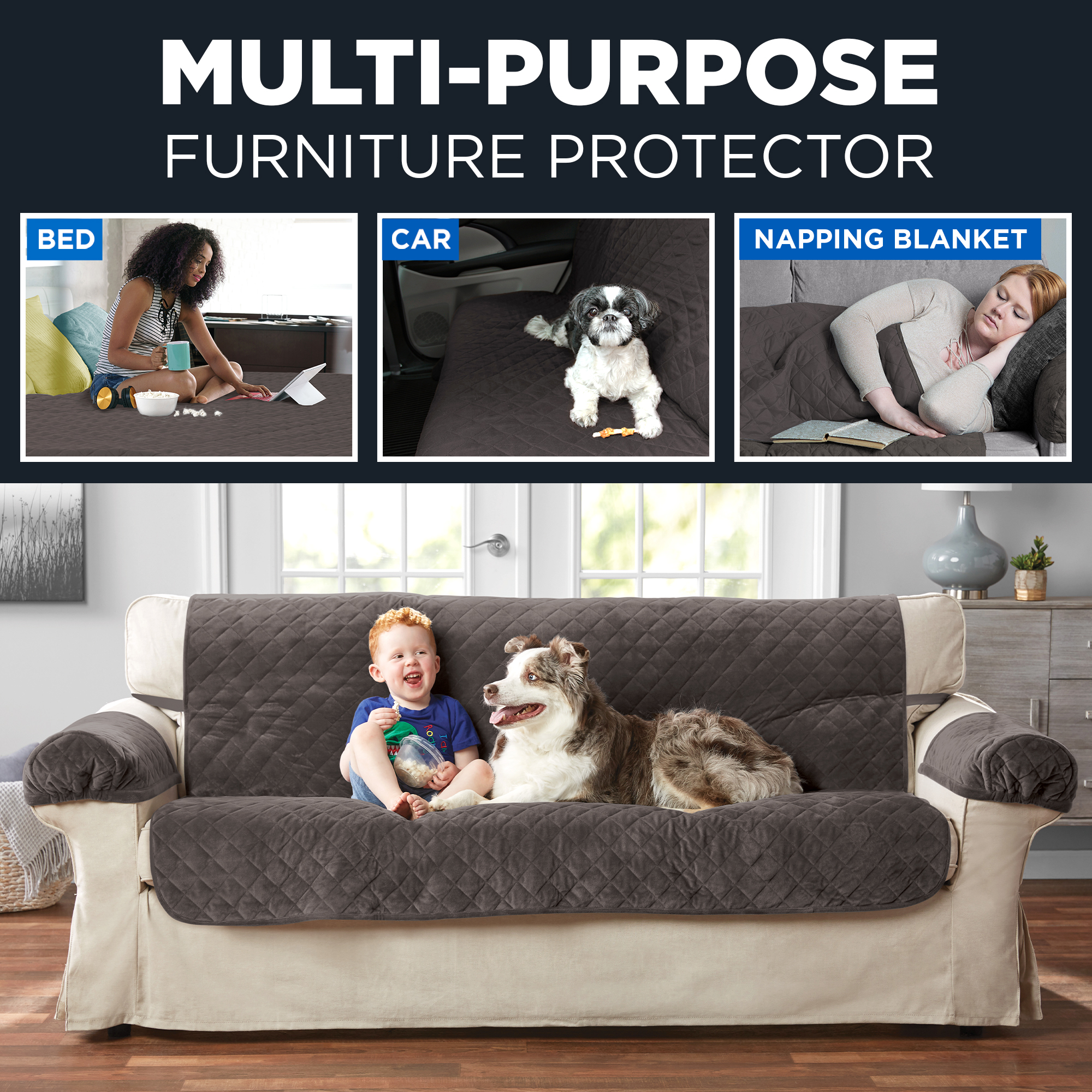 Mainstays 3-Piece Quilted Plush Sofa Pet Cover Multipurpose Furniture Protector. Chocolate