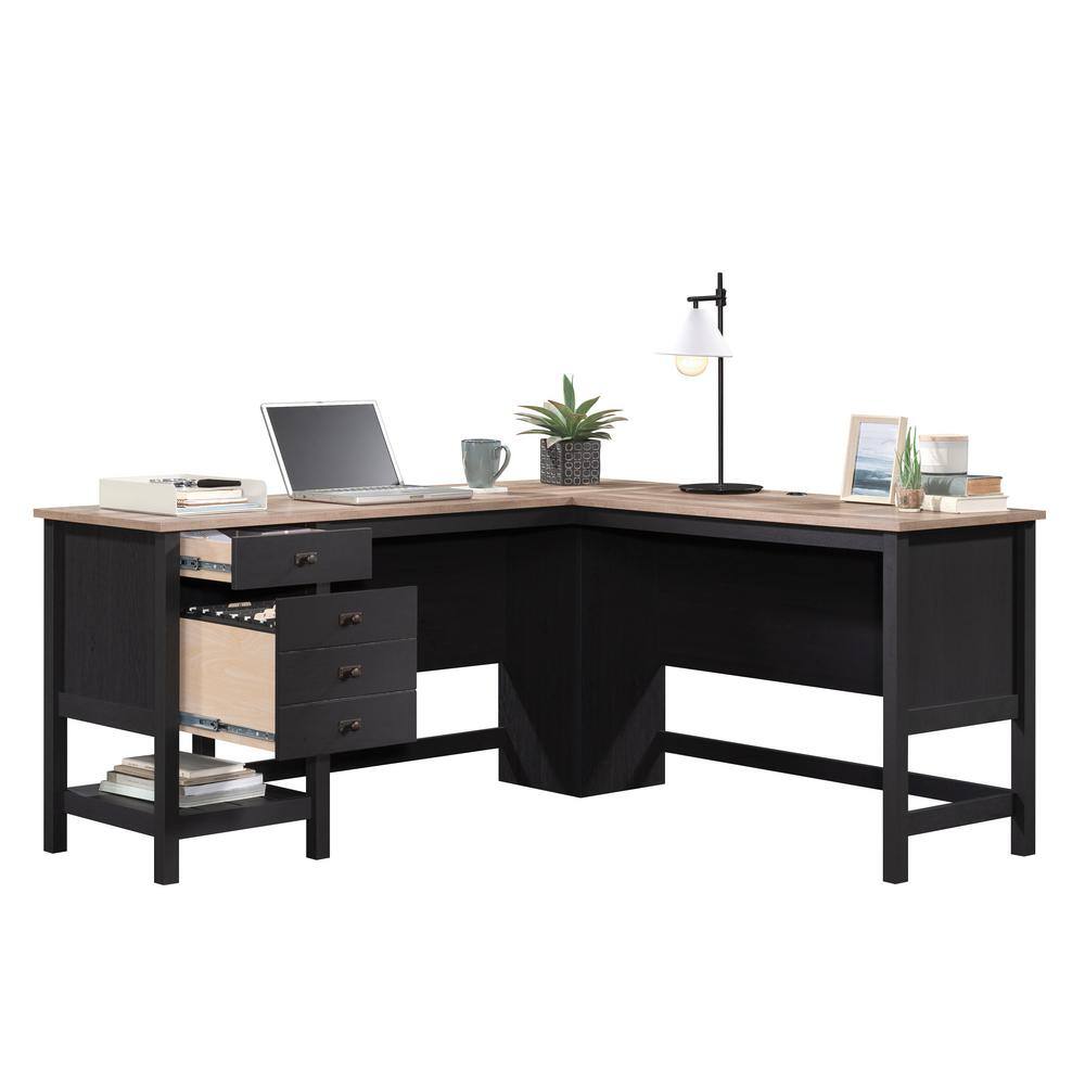 SAUDER Cottage Road 65.118 in. L-Shape Raven Oak Computer Desk with File Storage