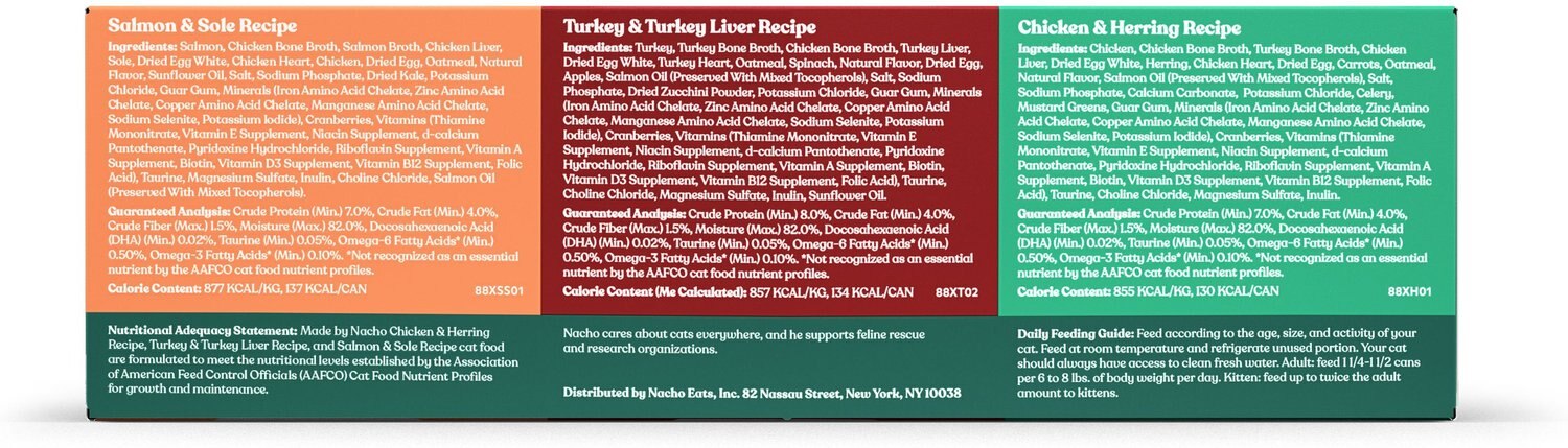 Made by Nacho Chicken. Herring. Salmon & Turkey Variety Pack Minced Wet Cat Food. 5.5-oz can. case of 12