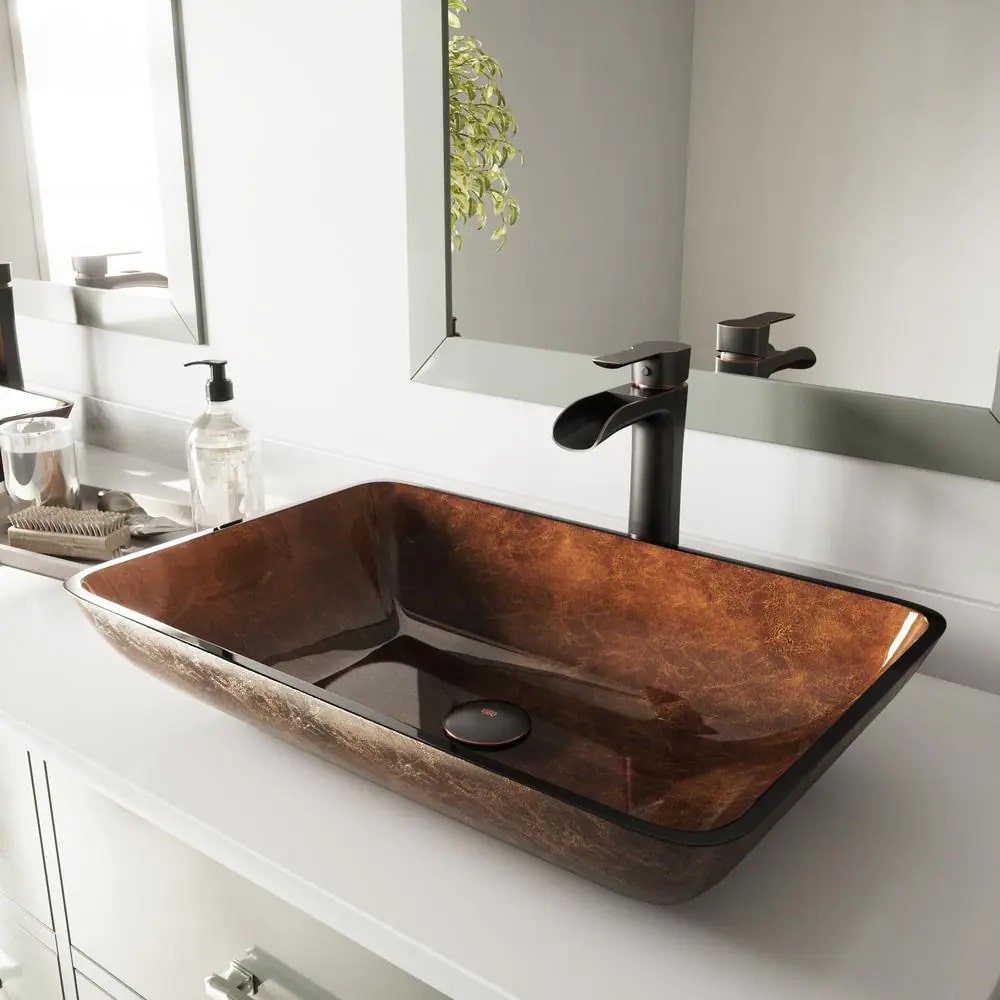 VIGO VGT1055 Glass Rectangular Vessel Bathroom Sink. Chocolate Brown. Antique Rubbed Bronze
