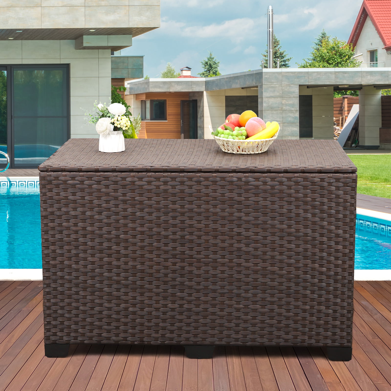 Waroom 150gal Outdoor Wicker Storage Box. Water-Resistant Deck Bin for Garden. Brown