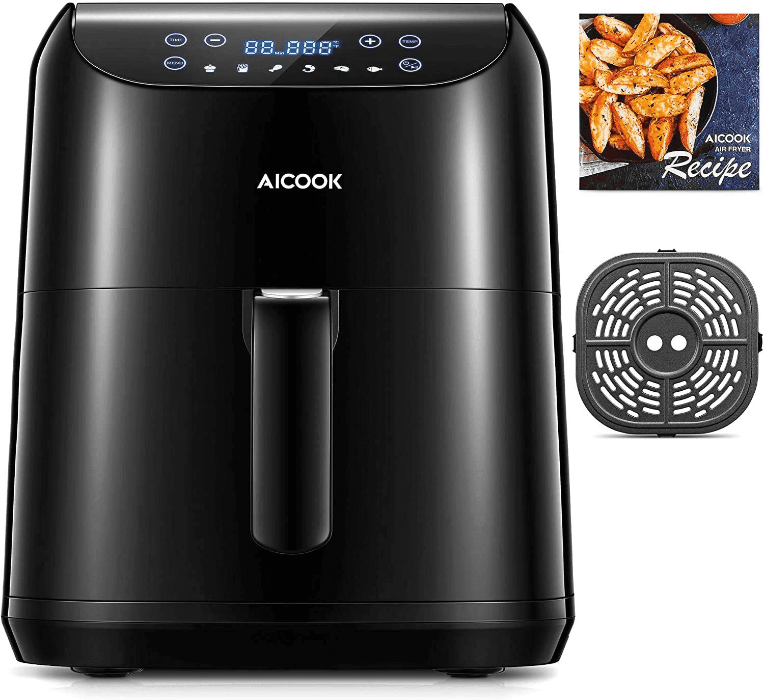 AICOOK Air Fryer. 5.8QT 1500W. 6 Presets. Timer. Preheat. Touchscreen LED. Black