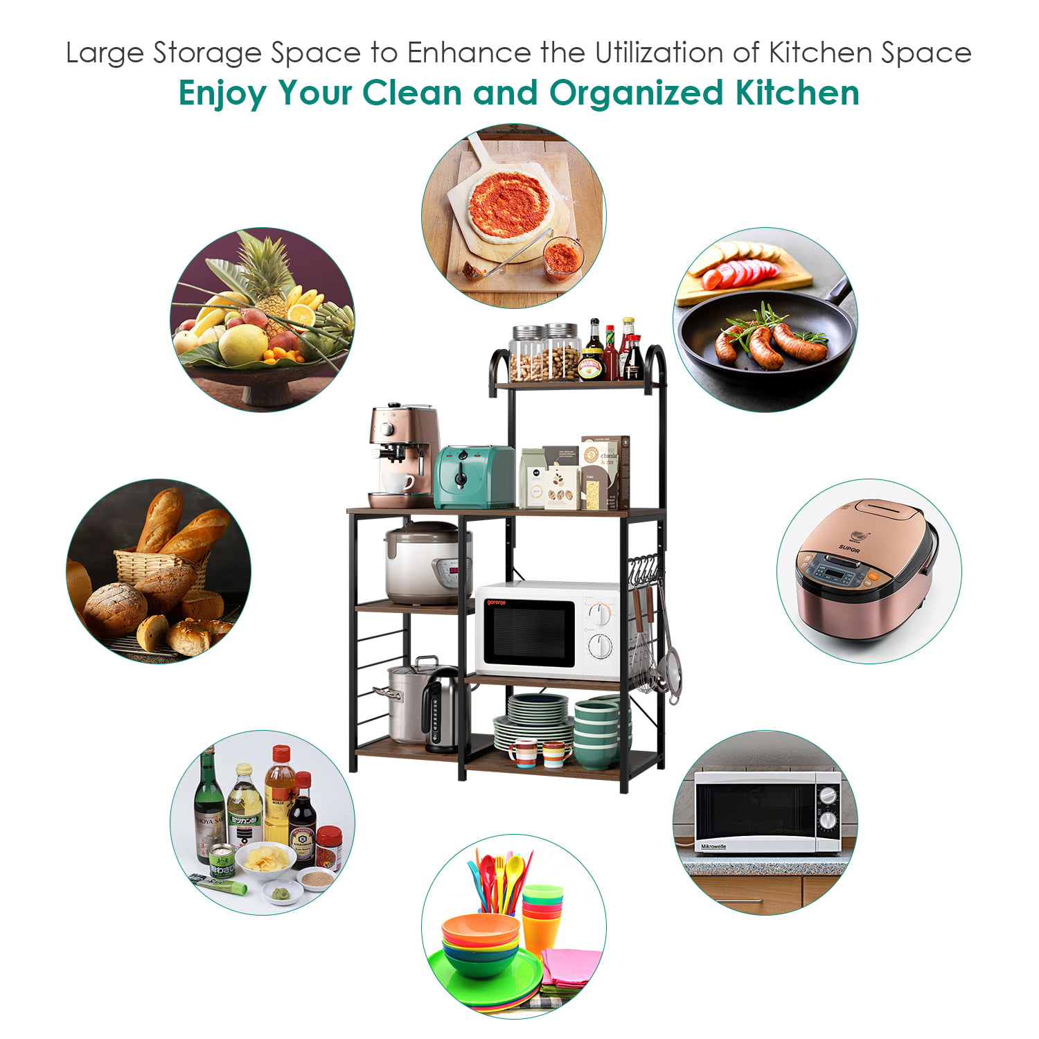 Homfa Bakers Rack. 5 Tier Wood Kitchen Stand with Storage Shelf. Iron Frame Microwave Oven Cart. Rustic Brown Finish