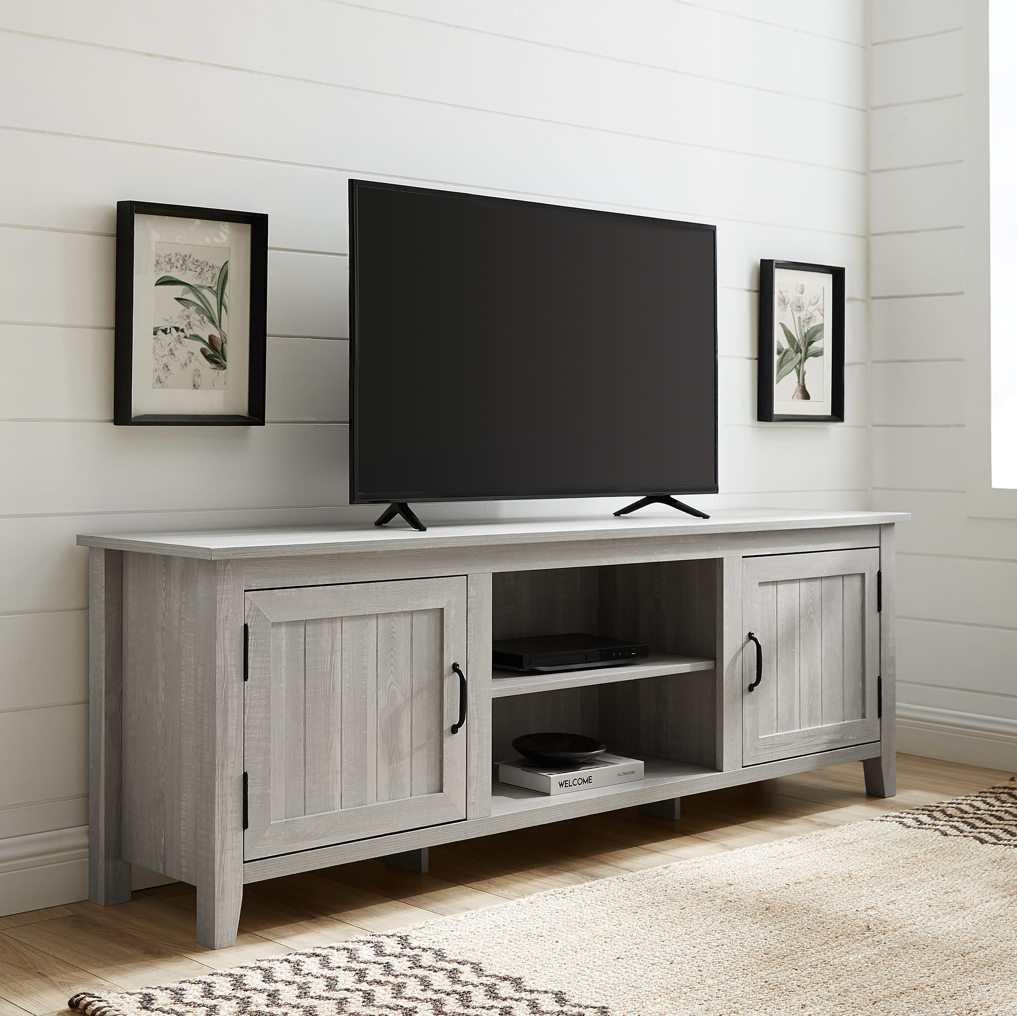 Woven Paths Farmhouse Grooved Door TV Stand for TVs up to 80″. Stone Grey