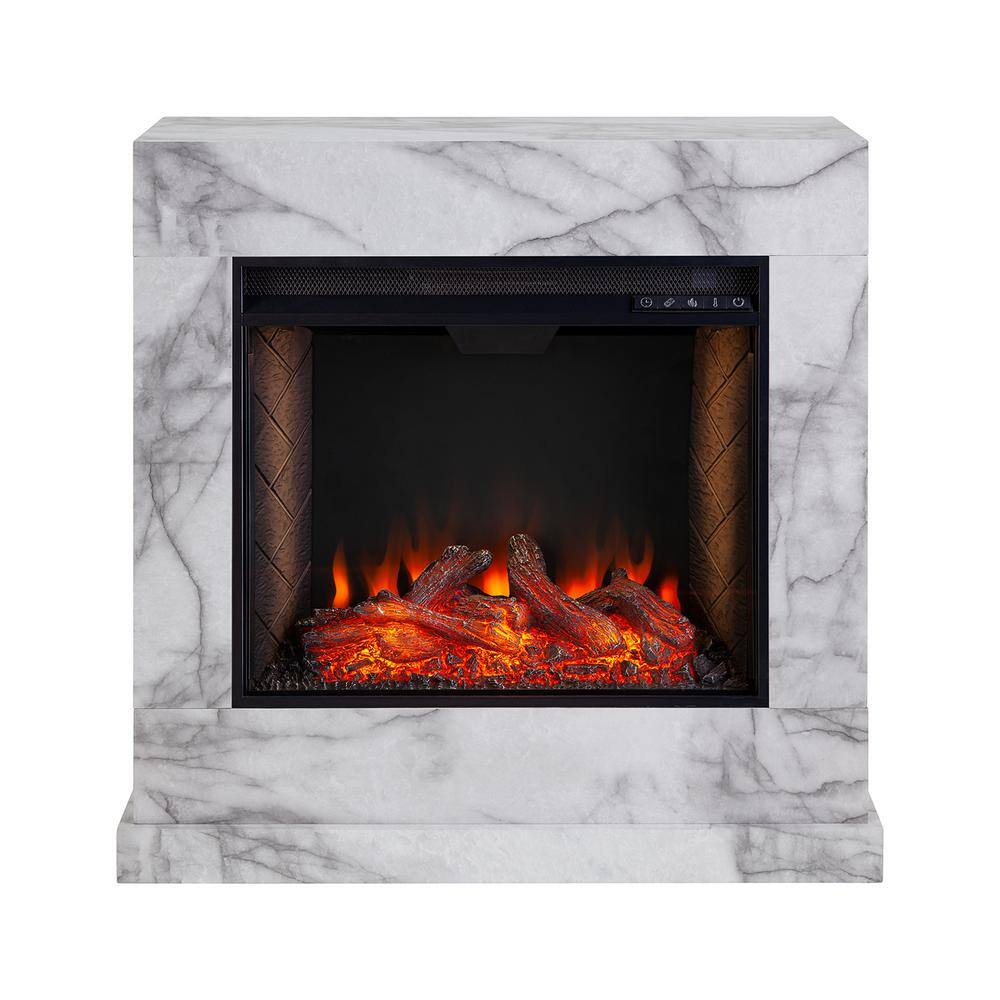 Southern Enterprises 1004774113 Barsdale Alexa-Enabled 33.25 in. Faux Marble Electric Smart Fireplace in White