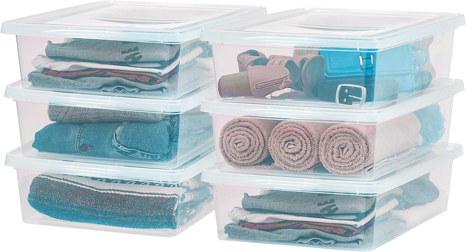 IRIS USA 28 Qt. Plastic Storage Container Bin with Latching Lid. Stackable Nestable Shoe Box Tote Shoebox Closet Organization School Art Supplies - Clear. 6 Pack