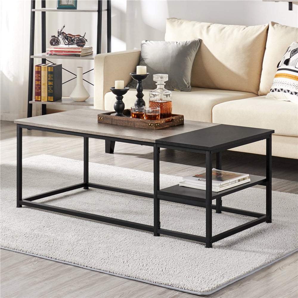 Yaheetech Modern Rectangular Coffee Table Wood Table with Shelf for Living Room.Gray/Black